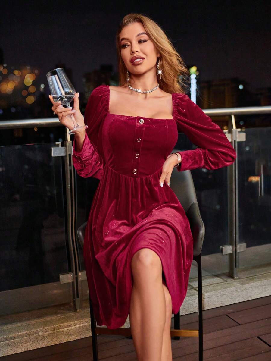 Aveloria Square Neck Button Detail Lantern Sleeve Velvet Dress Fall Cloth For Women - Red - View 1