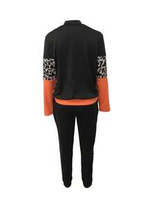 新款秋冬欧美风跨界豹纹拼接拉链V领长袖上衣长裤两件套休闲黑色春季套装 - 黑色 - 查看 2