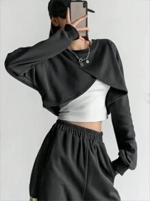 SHEIN EZwear 女款落肩包裹式短版運動衫 - 灰色 - 查看 1