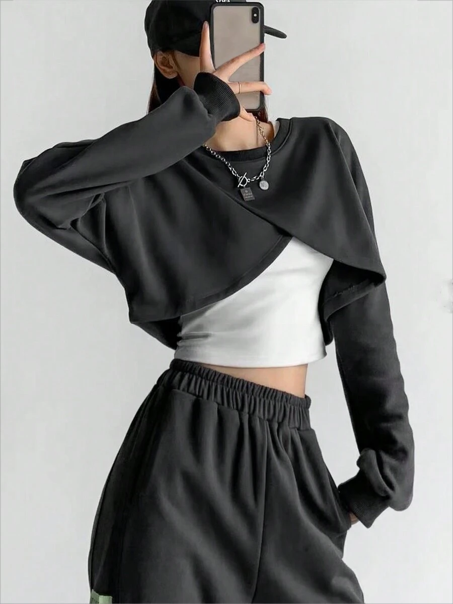 SHEIN EZwear 女款落肩包裹式短版運動衫 - 灰色 - 查看 1