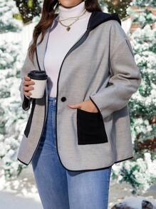 EMERY ROSE Plus Contrast Binding Dual Pocket Hooded Overcoat - Grey - View 5