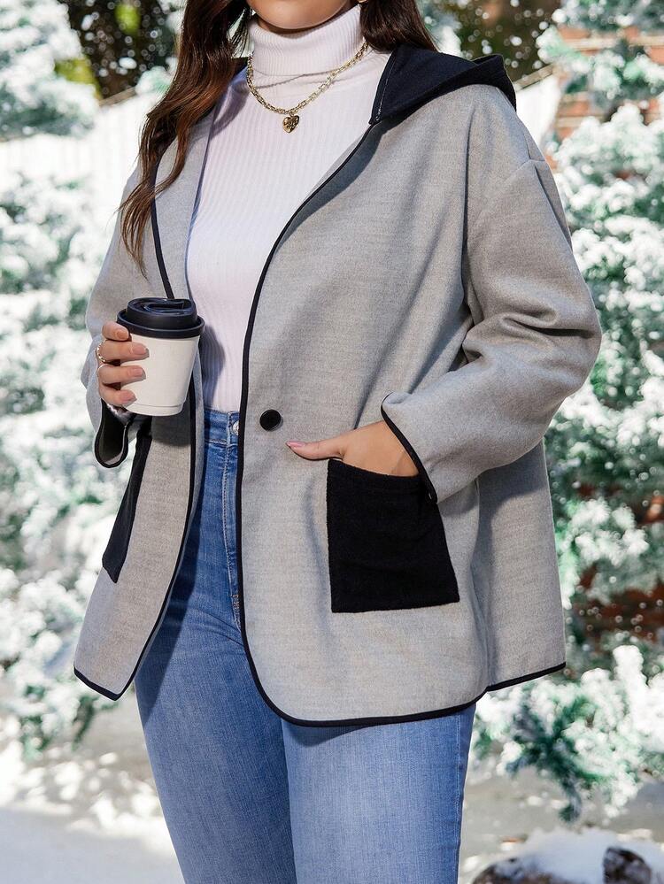 Plus Contrast Binding Dual Pocket Hooded Overcoat