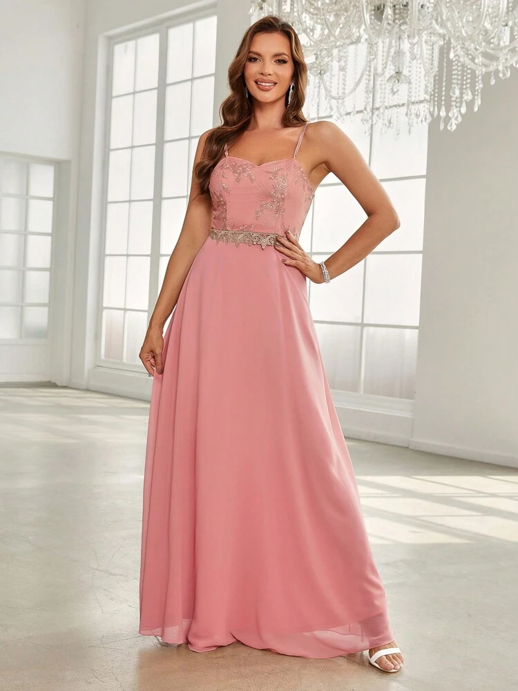 Embroidered Floral Applique Cami Bridesmaid Dress