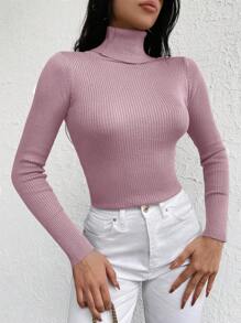 EURMUSE Turtleneck Ribbed Knit Sweater - Coral Pink - View 5