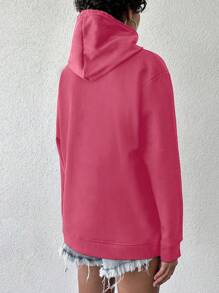EURMUSE Women's Solid Color Drop Shoulder Hoodie With Drawstring - Coral Pink - View 2