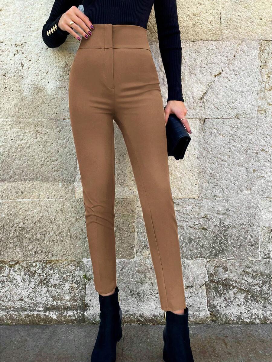 EURMUSE Solid Zipper Fly Tapered Trousers - Brown - View 1