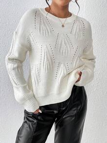 SHEIN Essnce Chất rắn Thả vai Dệt kim chấm bi Áo len - trắng - Xem 5