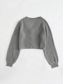 Solid Button Front V Neck Lantern Sleeve Cardigan - Light Grey - View 2