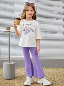 SHEIN Cô Gái Trẻ Đồ họa Chữ cái Áo thun Thả vai & Quần ống loe - Nhiều màu - Xem 5