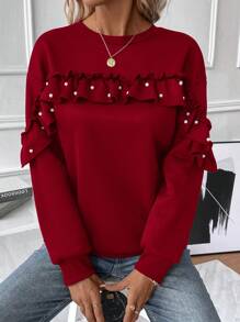 SHEIN Unity 珍珠串珠荷葉邊落肩袖運動衫 - 酒紅色 - 查看 3