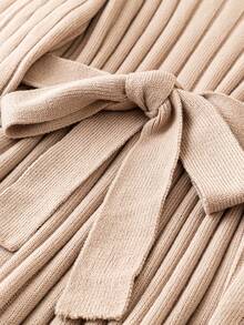 SHEIN CURVE+ 大碼腰帶落肩袖毛衣洋裝 - 杏色 - 查看 4