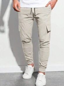 Manfinity Homme 男士翻盖口袋抽绳腰工装裤，秋季 - 米色 - 查看 3