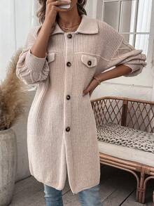 SHEIN LUNE 落肩袖翻蓋細節前紐扣開襟衫 - 杏色 - 查看 5