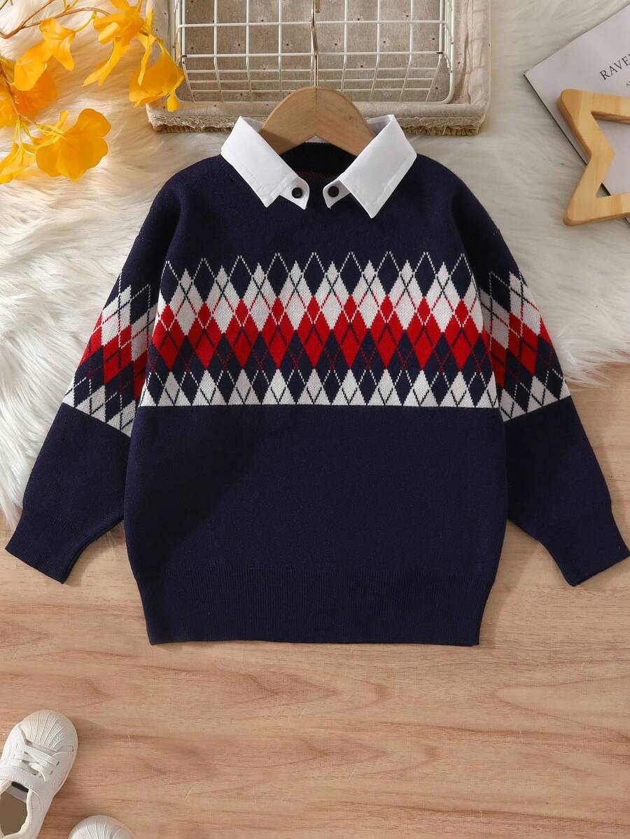 SHEIN Young Boy Argyle Pattern Contrast Collar Sweater - Blue - View 1