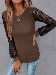 SHEIN LUNE Contrast Lace Lantern Sleeve Tee - Coffee Brown - View 4