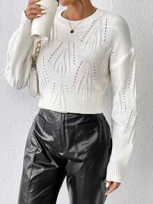 SHEIN Essnce Chất rắn Thả vai Dệt kim chấm bi Áo len - trắng - Xem 4