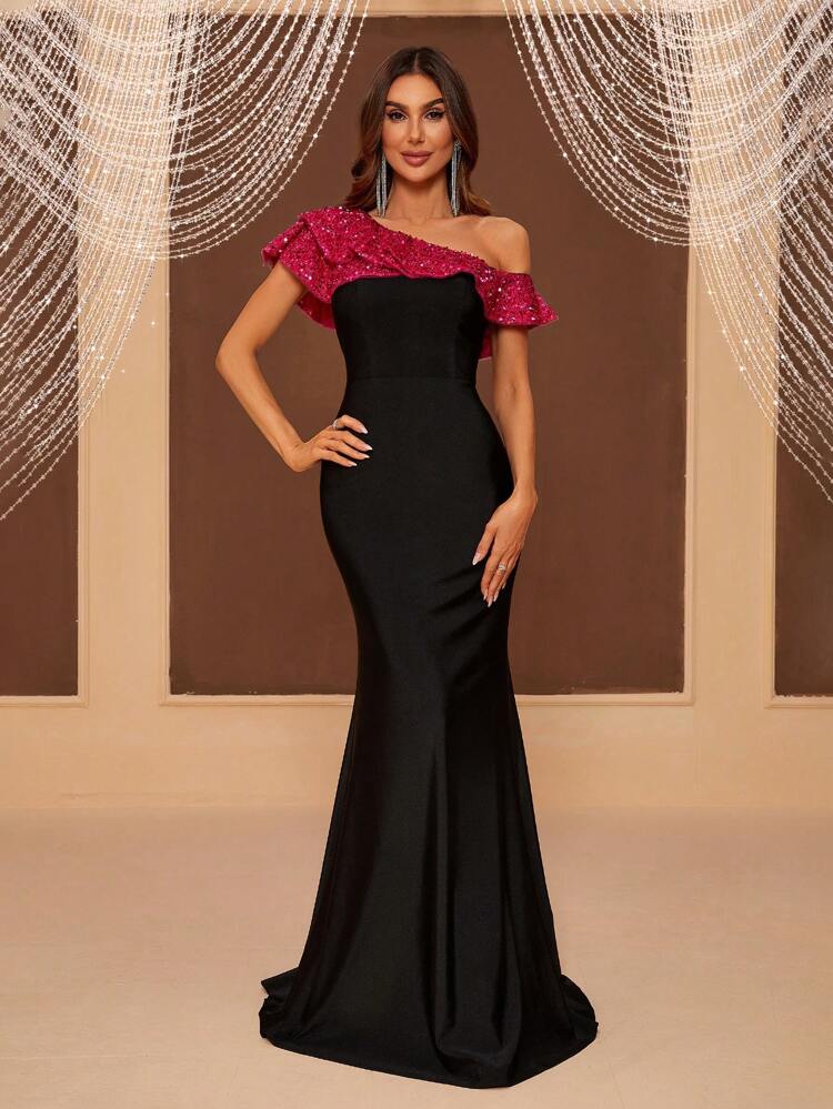 Asymmetric Neckline With Ruffle & Sparkly Patchwork Mermaid Evening Dress