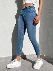 SHEIN PETITE Slant Pocket Skinny Jeans - Blue - View 5