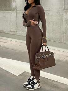 Zipper Tight Fit Jumpsuit - Cà phê nâu - Xem 3