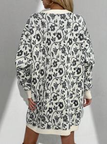 SHEIN Cottnline Flower Pattern Drop Shoulders Long Sweater - Black - View 2