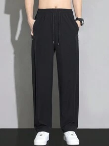 男士纯色抽绳腰侧口袋休闲裤 - 黑色 - 查看 5