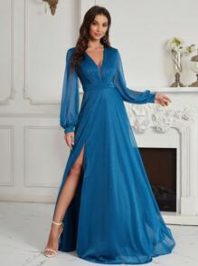 SHEIN Belle Vestido De Dama De Honor (adulto) Con Amplio Escote En V Profundo, Corte Alto Y Diseño De Gran Vuelo - Azul - Ver 1