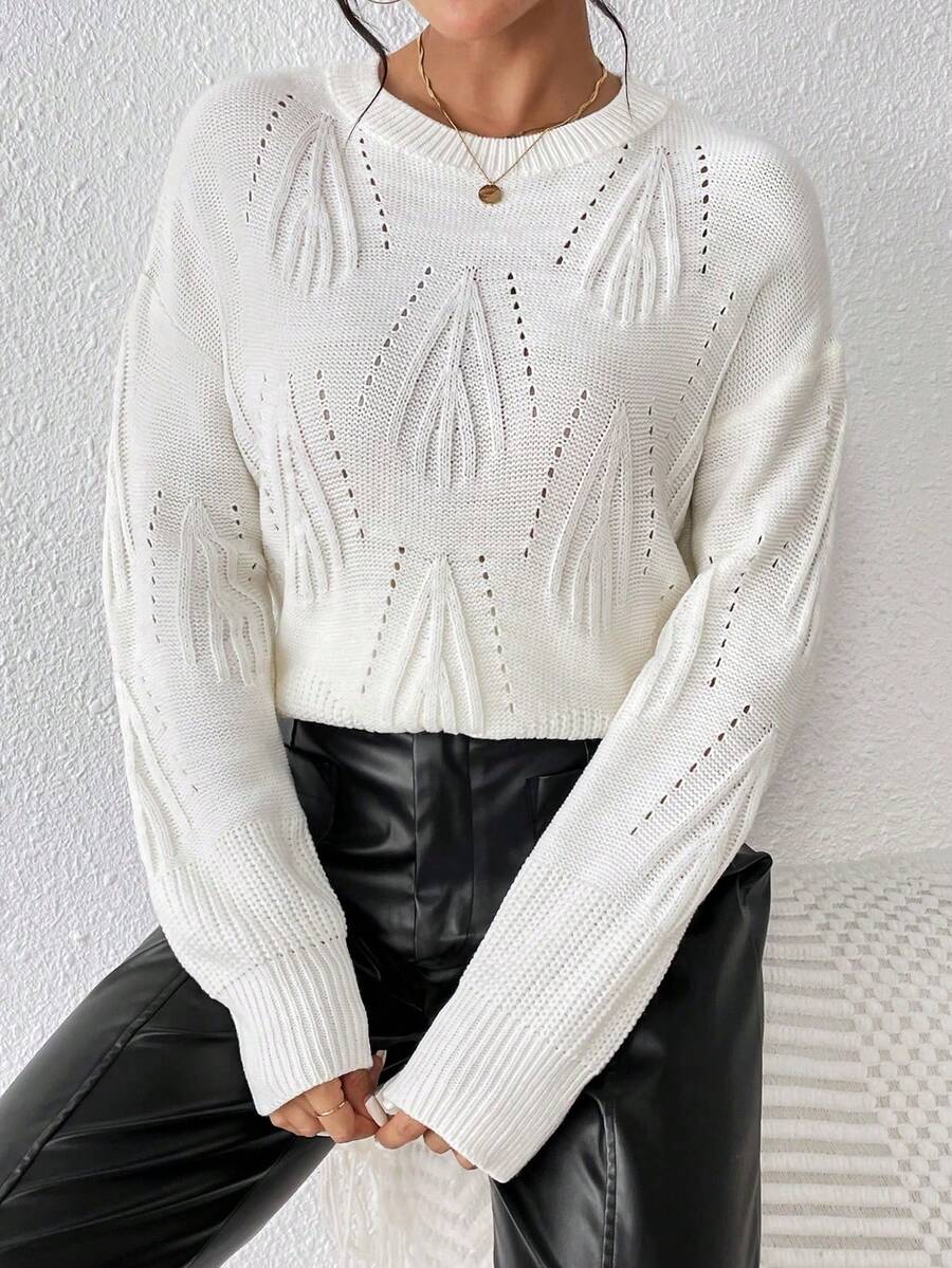 SHEIN Essnce Chất rắn Thả vai Dệt kim chấm bi Áo len - trắng - Xem 1