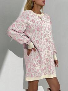 EURMUSE Floral Pattern Drop Shoulder Long Sweater - Baby Pink - View 5