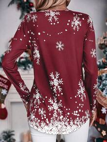 SHEIN LUNE 圣诞雪花印花 T 恤 图案 T 恤 女式上衣 - 紅色 - 查看 2