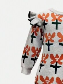 Baby Girl Floral Pattern Ruffle Trim Sweater Dress - Maroon - View 4