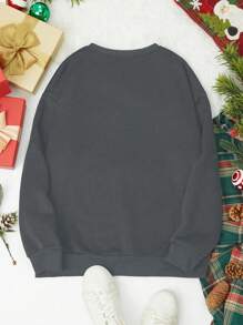 SHEIN LUNE Cây thông noel & Đồ họa Khẩu hiệu Áo pull ấm áp - Màu xám đen - Xem 2