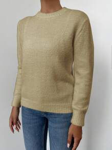 EURMUSE Women's Round Neck Long Sleeve Sweater - Beige - View 3