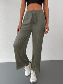 Cottnline 素色腰部抽繩條紋針織闊腿褲 - 橄欖綠 - 查看 5