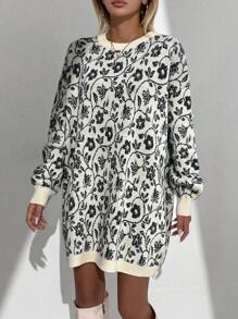 SHEIN Cottnline Flower Pattern Drop Shoulders Long Sweater - Black - View 5