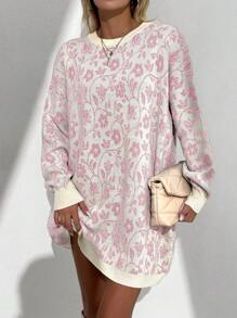 EURMUSE Floral Pattern Drop Shoulder Long Sweater - Baby Pink - View 3