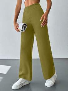 SHEIN Cottnline Women's Solid Color Sweater Pants With Elastic Waist - Mustard Yellow - View 5