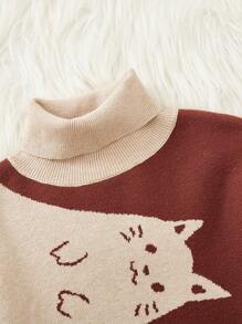 SHEIN Girls Cartoon Pattern Turtleneck Drop Shoulder Sweater - Multicolor - View 4