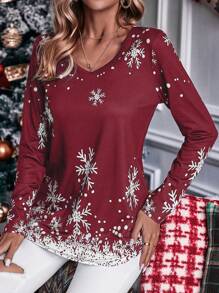 SHEIN LUNE 圣诞雪花印花 T 恤 图案 T 恤 女式上衣 - 紅色 - 查看 5