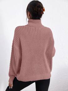 Cloudara Jersey cuello alto tejido de cable de hombros caídos - Rosa coral - Ver 7