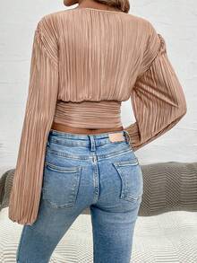 SHEIN Clasi 休閒褶邊純色女士襯衫 - 卡其色 - 查看 2