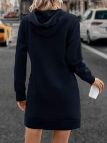 SHEIN LUNE 袋鼠口袋落肩袖抽繩連帽衛衣裙 - 藏蓝色 - 查看 2