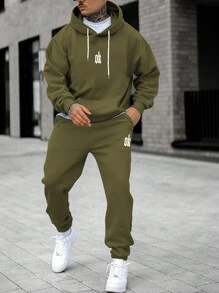 Manfinity Homme Hombres Capucha Térmica Con Cordón Y Estampado De Letra Con Pantalones Deportivos - Verde - Ver 1