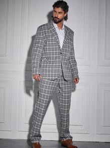 Manfinity Mode Men Plus Plaid Print Single Button Blazer & Pants - Black and White - View 5