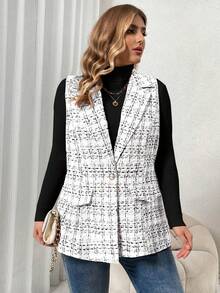 SHEIN Franclia 大碼格紋單釦馬甲西裝外套 - 白色 - 查看 3