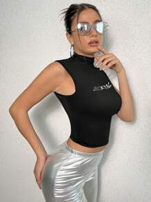 Zolique Letter Graphic Mock Neck Tank Top - Black - View 4