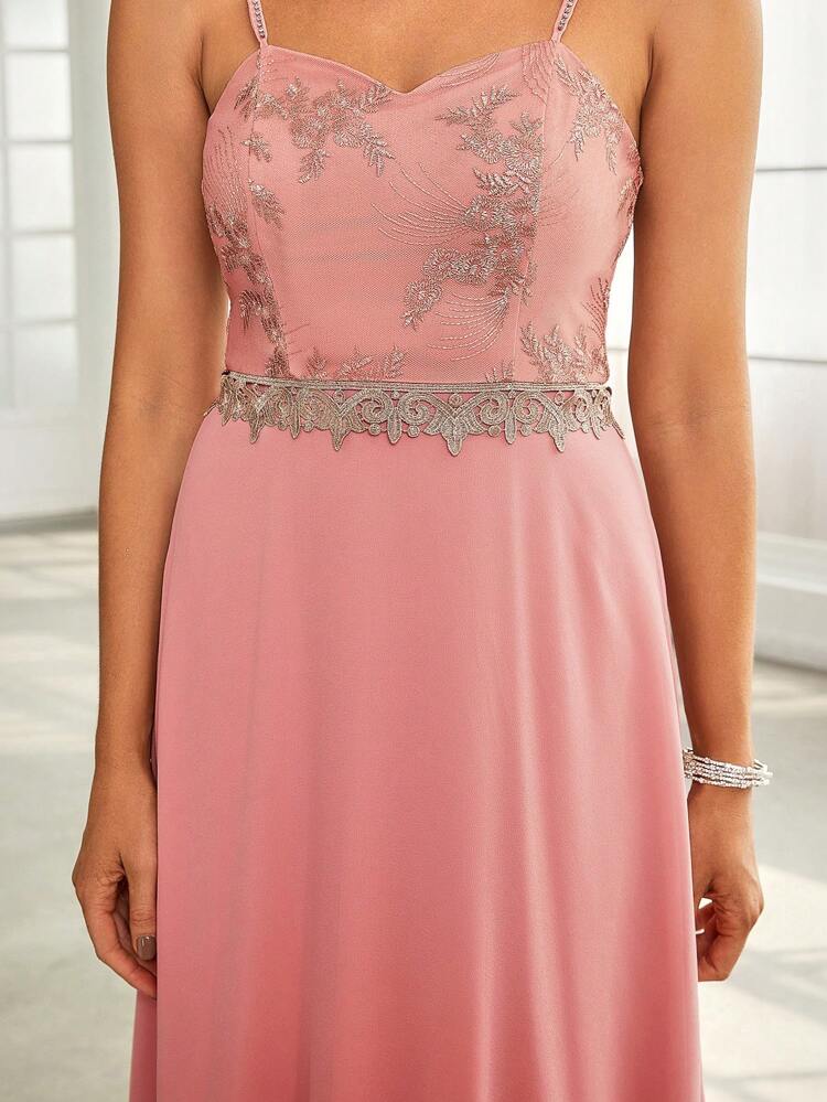 Embroidered Floral Applique Cami Bridesmaid Dress