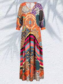 V-Neck Lantern Sleeve Allover Graphic Pattern Dress, Fashion - Multicolor - View 5