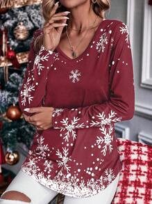 SHEIN LUNE 圣诞雪花印花 T 恤 图案 T 恤 女式上衣 - 紅色 - 查看 3