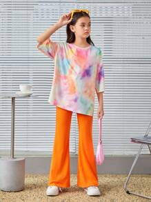Tween 女孩寬鬆復古紮染表情符號和字母印花 T 恤和喇叭褲兩件套 - 彩色 - 查看 4