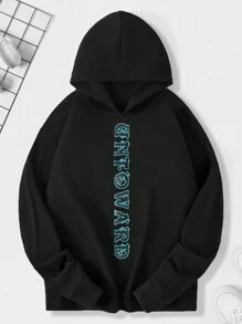 RueChic Men's Hooded Sweatshirt With Letter Print - Black - View 1